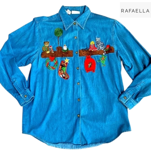 Rafaella Tops - RAFAELLA Vintage Chambray Embroidered Christmas Denim Shirt Size Small